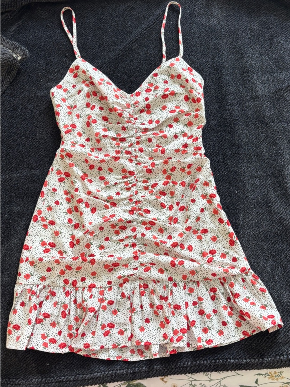 NWT Urban Outfitters Floral Polka Dot Ruched Spaghetti-Strap Mini Summer Dress